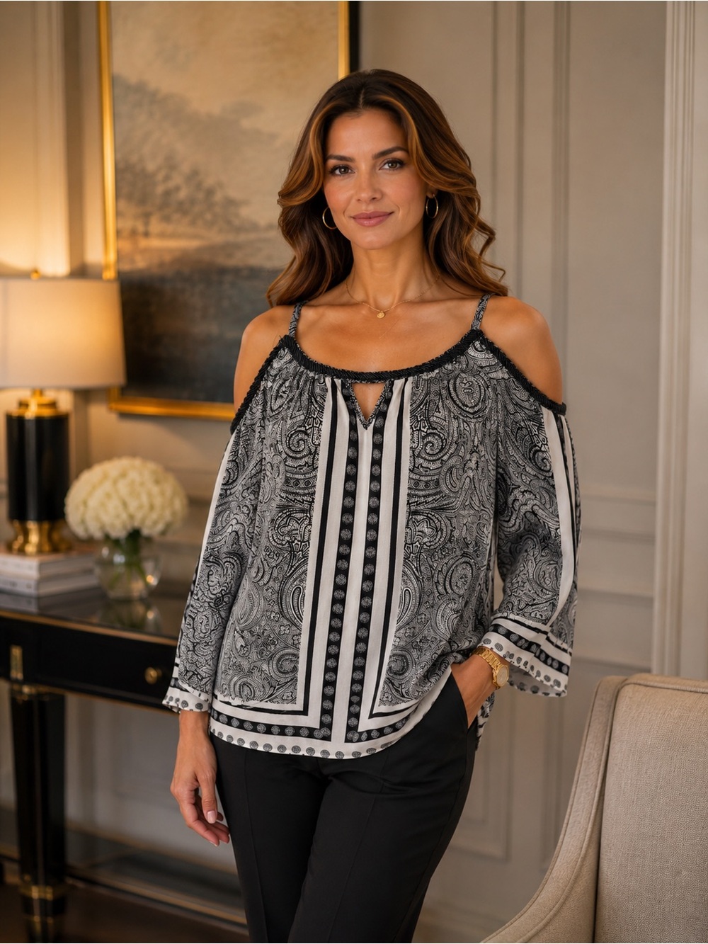 INC International Concepts Black & White Cold-Shoulder Paisley Blouse